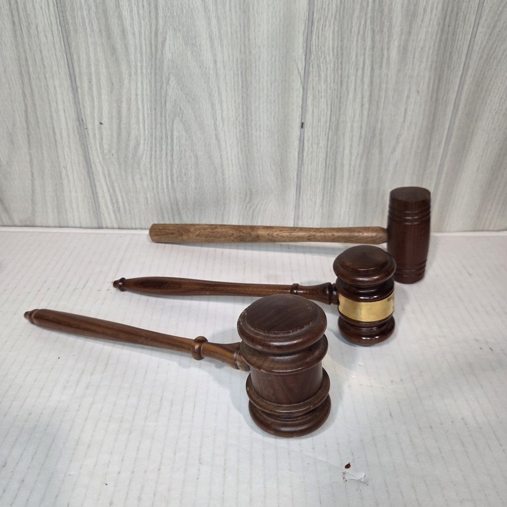 Lot Vtg Walnut Wood Gavel Judge Lawyer Attorney Club Hammer Copper Band (3)